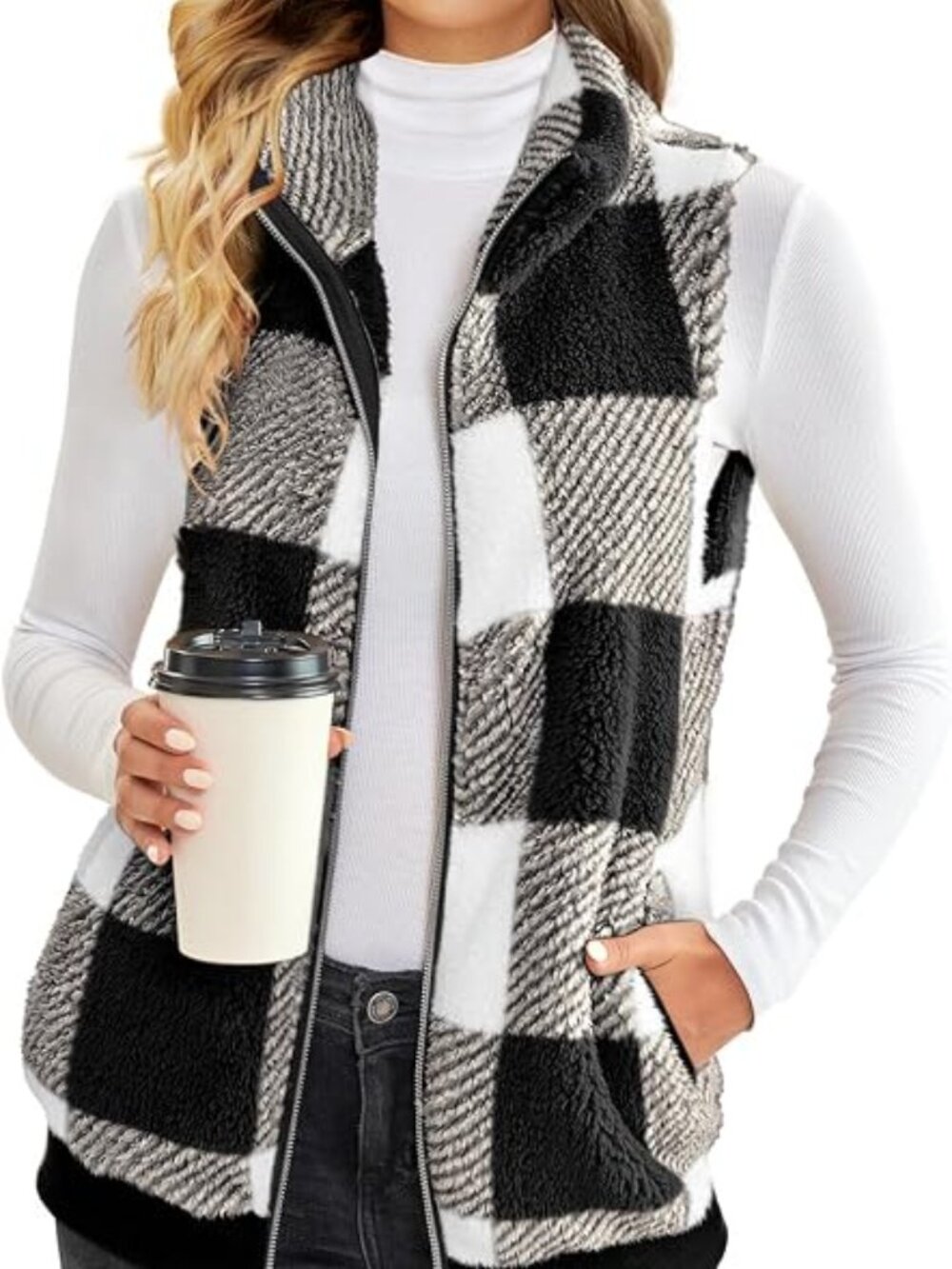 Black and White Plaid Sherpa Fleece Vest Full Zip Winter Pocket Jacket